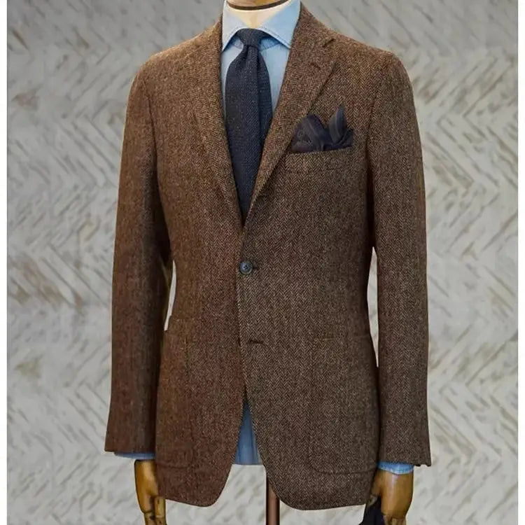 Uncle Nick's Wooster-Style Suit, Autumn and Winter Vintage Tweed Wool Herringbone Pattern Men's Blazer Suit