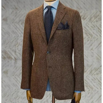 Uncle Nick's Wooster-Style Suit, Autumn and Winter Vintage Tweed Wool Herringbone Pattern Men's Blazer Suit