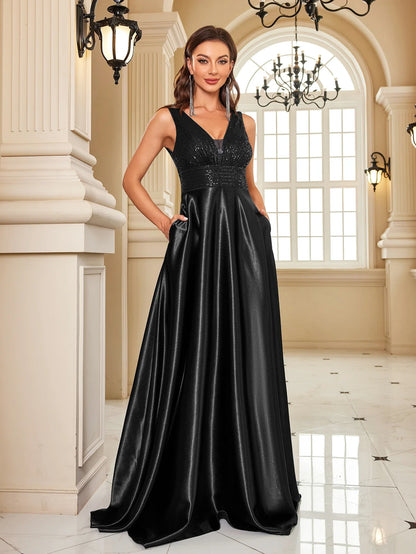Elegant Sequins Evening Dress For Women 2024 Deep V-neck Satin Prom Party Green Dress Floor Length Blue Formal Gowns