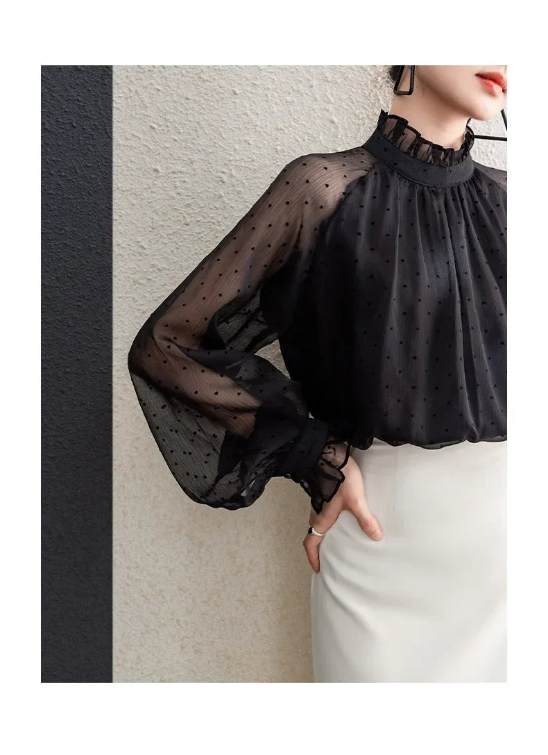 Spring Summer Black Polka Dots Mesh Women's Chiffon Blouses 2025 New Long Sleeve Stand Collar Vintage Loose Shirts Female