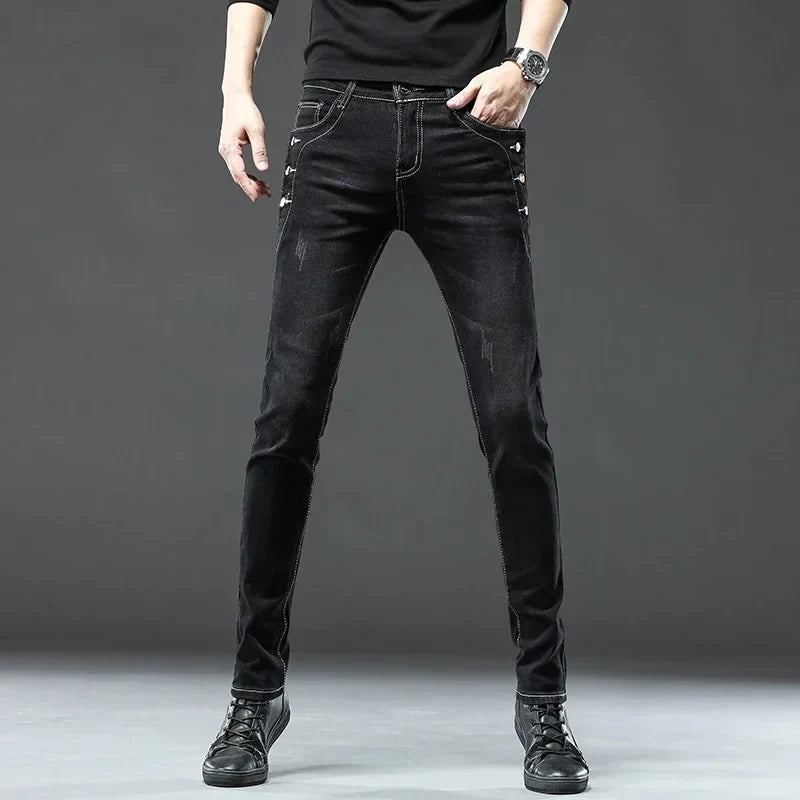 Men's Vintage Jeans Designer Korean Fashion Snowflake Wash Stretch Straight Pencil Pants Classic Slim Male Denim Trousers