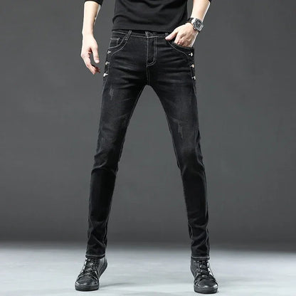 Men's Vintage Jeans Designer Korean Fashion Snowflake Wash Stretch Straight Pencil Pants Classic Slim Male Denim Trousers