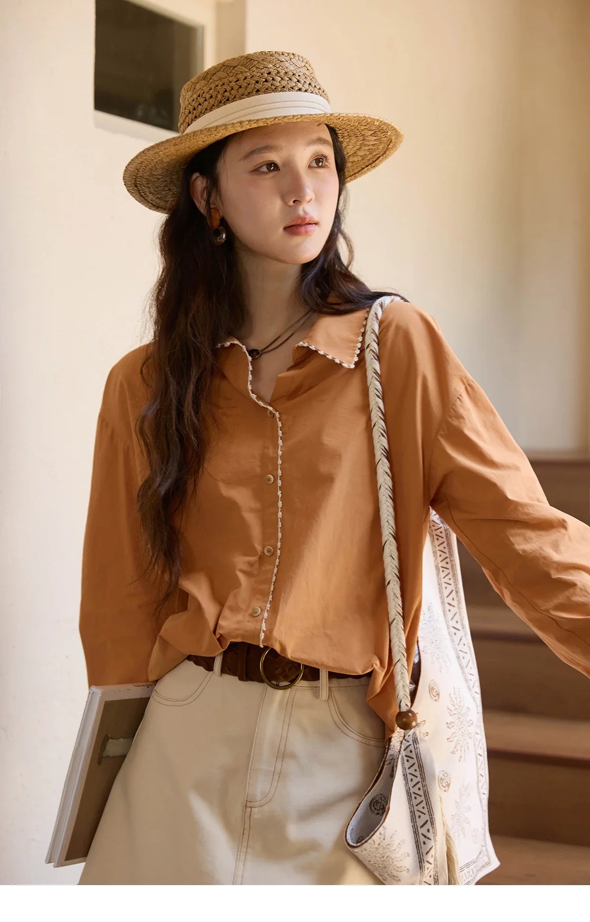 Women's 100% Cotton Shirt 2025 Autumn Korean Lapel V-neck Single Breasted Tops Lace Trim Shirts Office Lady MXE43C2377