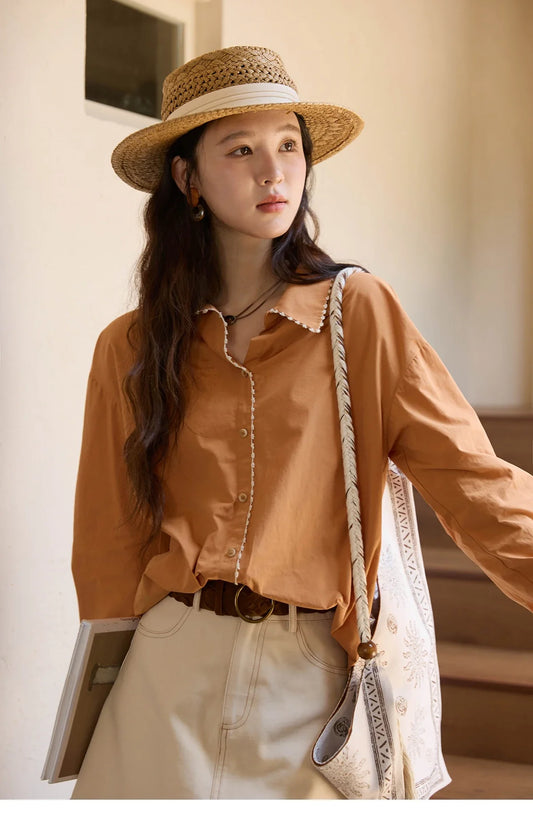 Women's 100% Cotton Shirt 2025 Autumn Korean Lapel V-neck Single Breasted Tops Lace Trim Shirts Office Lady MXE43C2377