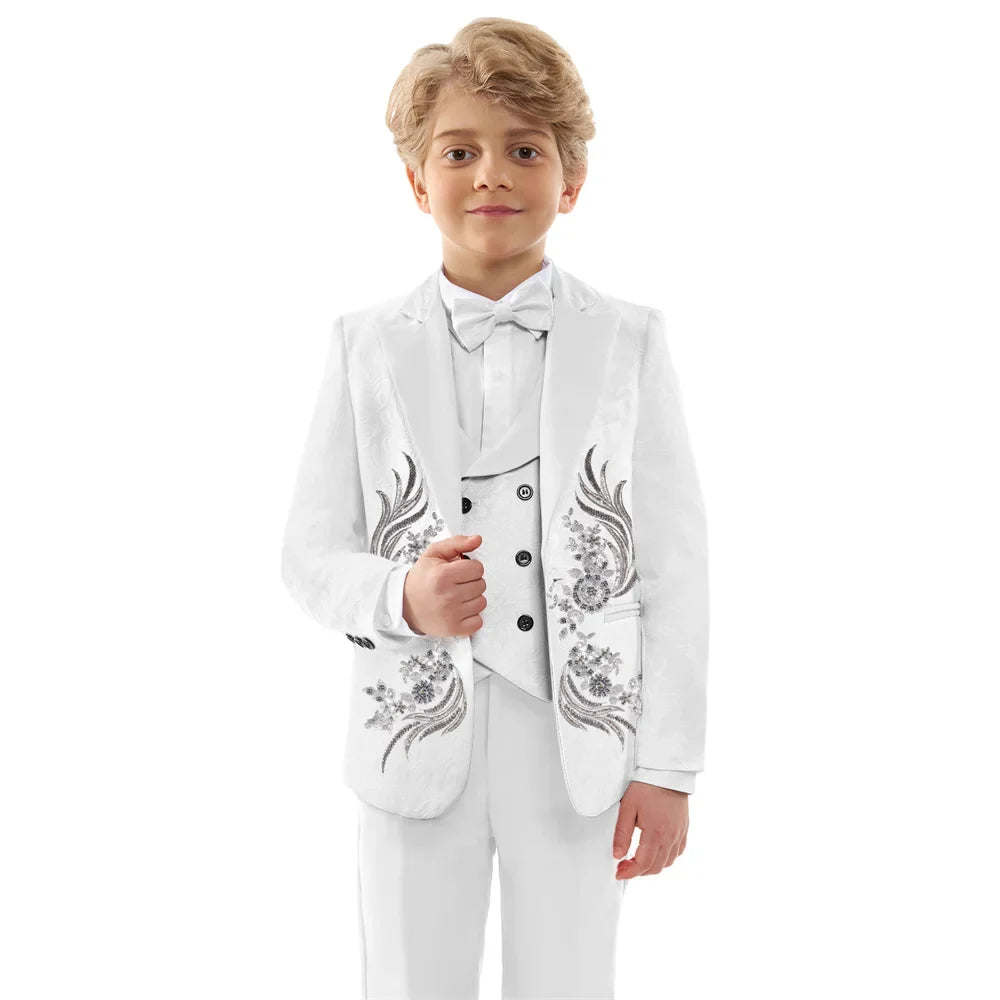 Luxurious Beaded Appliques Suit Set 4 Pieces For Boys Jacquard Kids Suits Performance Costumes Handsome Party Tuxedo