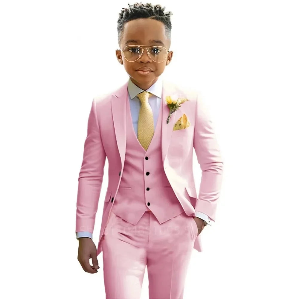 Stylish Boys Suit Wedding Tuxedo Solid Peak Lapel Jacket Vest Pants Party Prom 3 Piece Set Kids Formal Outfit 2-18 Years Old