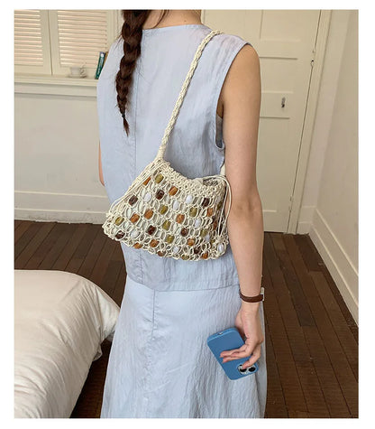 Hollow Beading Women Shoulder Bag Rope Knitting Handbags Bohemian Crochet Mesh Bags for Women Small Woven Beach Bag Flap Tote