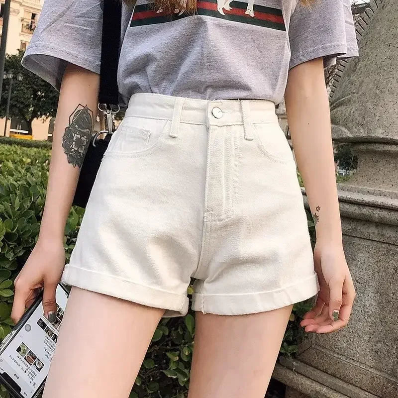 Summer Thin Style Korean Version High Waist Slimming Denim Shorts for Women Loose Line Outer Wear Rolled Edge Wide Leg Hot Pants