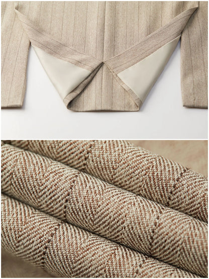 Apricot Men's Striped Three-piece Suit, Featuring A Jacket and Vest Paired with Pants—perfect for Weddings, Parties, or Office.