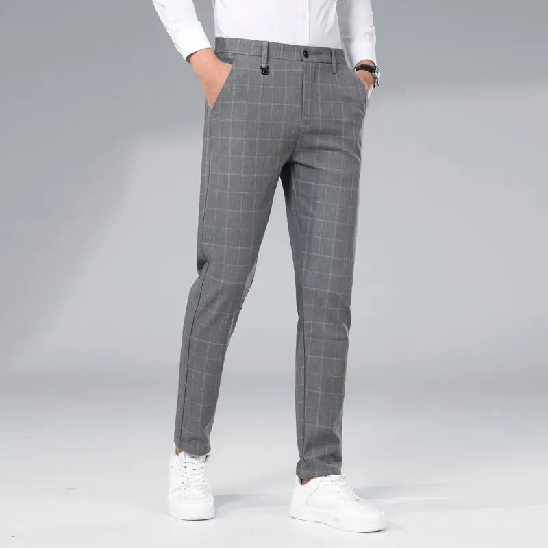 Autumn Winter Men's Business Casual Plaid Pants Korean Fashion Stretch Slim Fit Suit Pants Male Office Formal Versatile Trouser