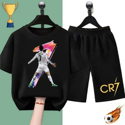 2025 Summer new children's suit Ronaldo football star printed children's suit Children's summer short sleeve shorts boys and gir