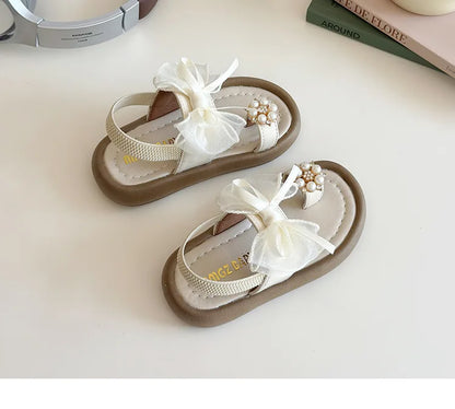 Summer Girl's Sandals Clip-toe Bowknot Elastic Band Soft Sole Kids Sliders Beautiful Pu Leather Chunky Morden Children Shoes