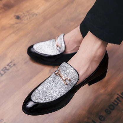Men's pointed suede formal shoes, retro new patchwork loafers mixed with slipper shoes, wedding dress leather shoes