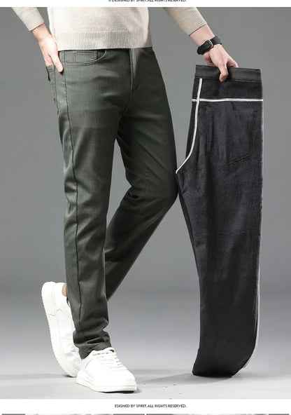 2024 Winter New Men's Warm Slim Fit Business Casual Fashion Thicken Trousers Fleece Stretch Brand Pants Black Grey Army Green