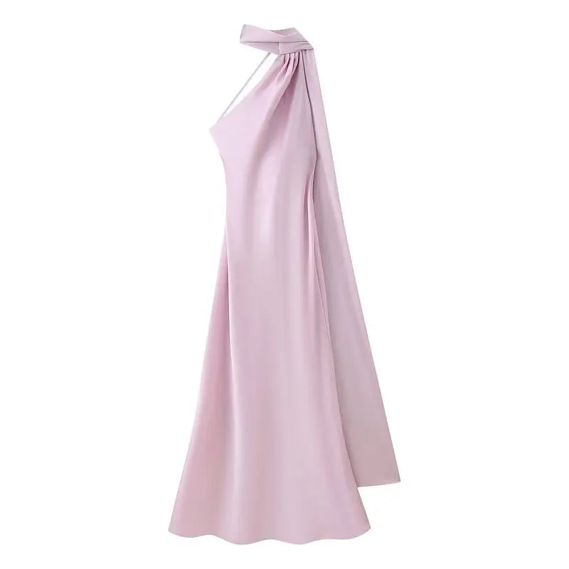 Elegant Long Silk Satin Dress Neck Hanging Pure Color Slim Fit Summer New Fashion Women's Dress City Commuting Casual Wedding