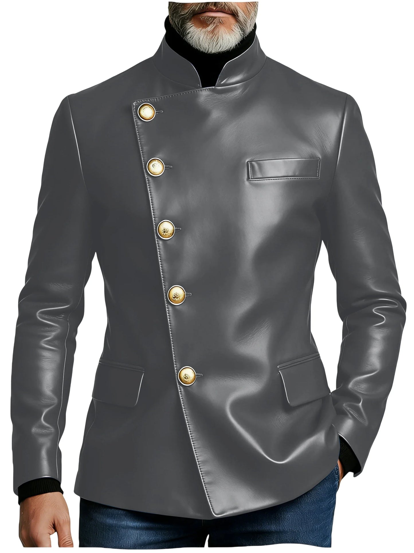 Vintage Men's PU Leather Blazer Slim Fit Double Breasted Stand Collar Jacket Gold Button Business Casual Wedding Prom Suit Coat