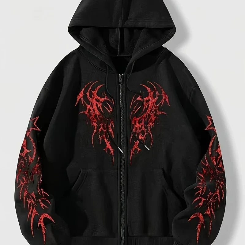 Autumn and Winter New Men's Fashionable and Trendy Casual Hoodie Zipper Jacket Y2K Printed Pattern Casual Retro Street Style Top