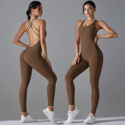 Sexy Backless Bodycon Scrunch Jumpsuit Raises Butt Women Dance Fitness Overalls Push Up Sleeveless Yoga Sport Jump Suit