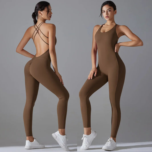 Sexy Backless Bodycon Scrunch Jumpsuit Raises Butt Women Dance Fitness Overalls Push Up Sleeveless Yoga Sport Jump Suit