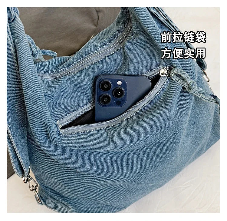 Solid Color Denim Trendy Shoulder Bag for 2025 High Quality Fashion Zipper Large Capacity Versatile Women's Crossbody Bag