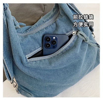 Solid Color Denim Trendy Shoulder Bag for 2025 High Quality Fashion Zipper Large Capacity Versatile Women's Crossbody Bag