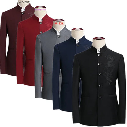 2026 New Men's Stand Collar Long Sleeve Suit Jacket, Asian Size Chinese-Style Slim-Fit Blazer in Dark Blue/Red/Grey/Black/White