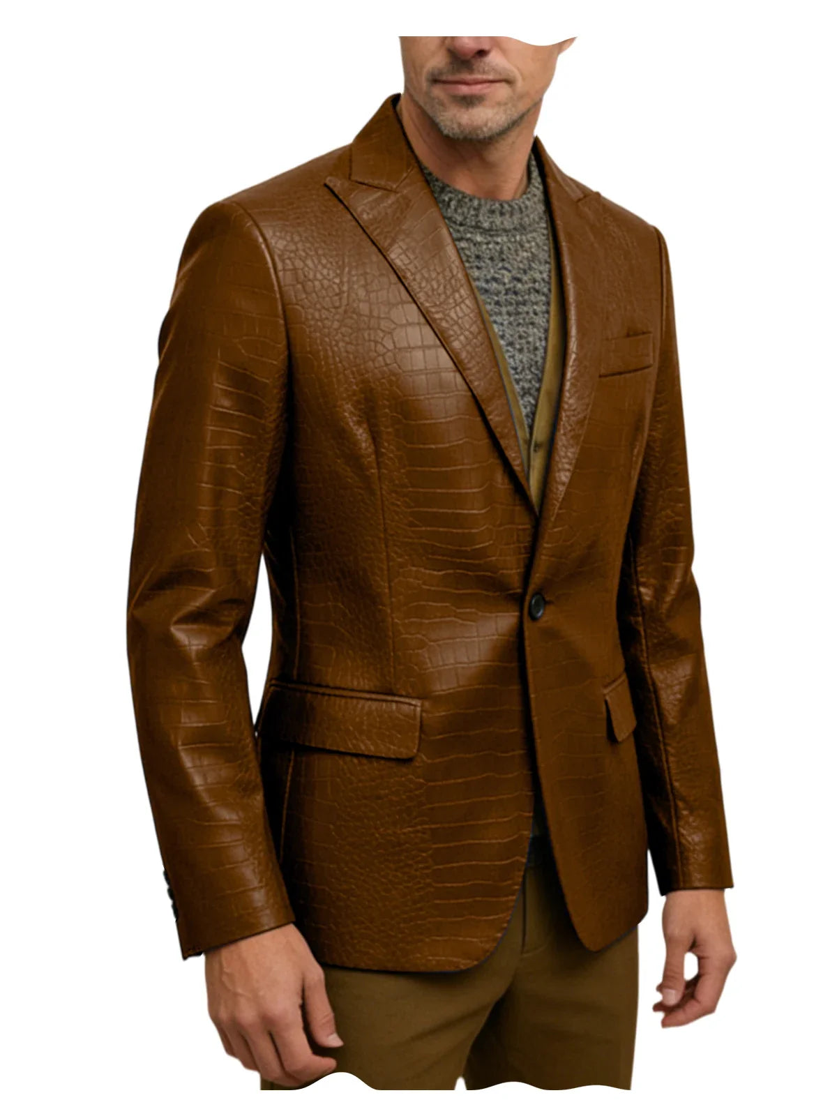 Vintage Men's Crocodile Embossed Leather Blazer Notch Lapel 1 Button Jacket Business Casual Formal Luxury Coat With Flap Pockets