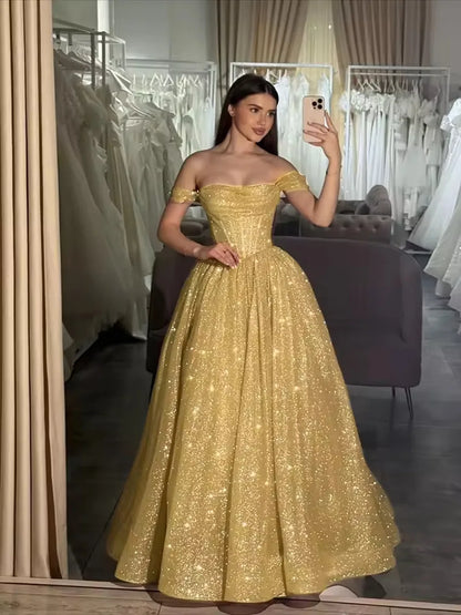 Customized Moden Prom Dress 2026 Glitter Tulle Off the Shoulder Wedding Party Dress Boat-neck A-line Floor-Length Evening Gowns