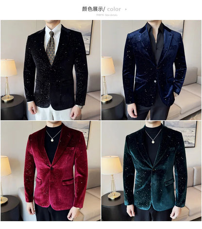 High Quality Velvet Bronzing Suit Coats Mens Sparkle Elegant Slim Business Suits Jacket Homme Formal Social Prom Party Tuxedos