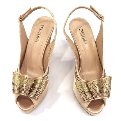 Women High Heels Sandals Printing Flower Material with Rhinestone Italian Design Coffee Color Open-Toed Shoes