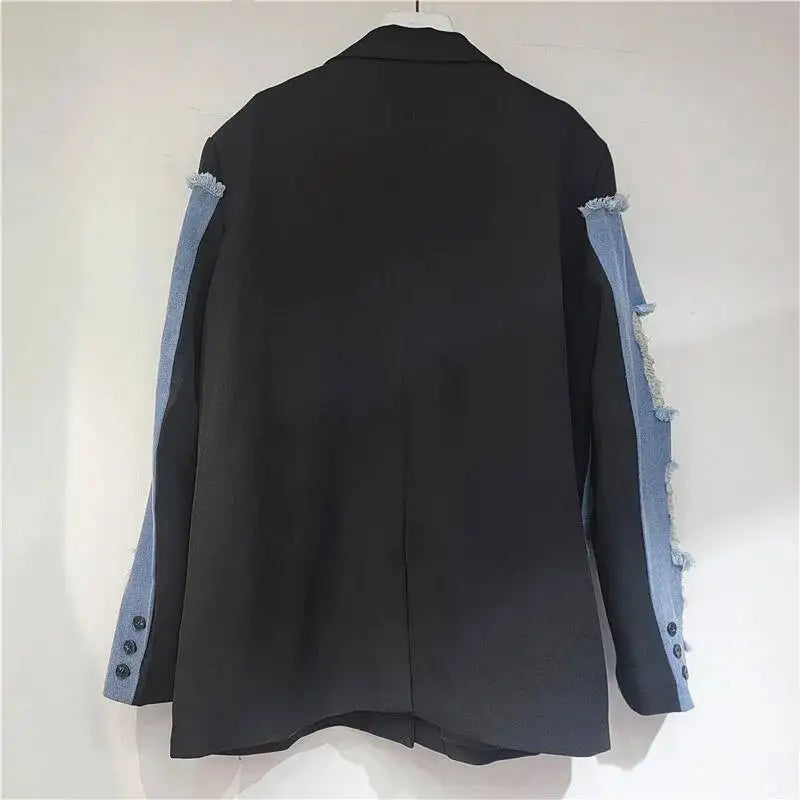 2026 Autumn Elegant Style Faux Two-piece Suit Jacket For Women Raw Edges Ripped Denim Patchwork Loose-fit Blazer 29A9124