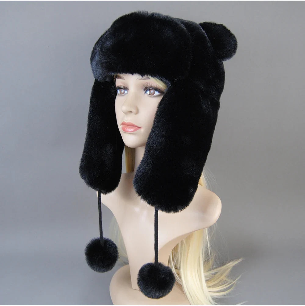Hot Sale New Women False Rex  Rabbit False Fur Hat Winter Warm Fur Hat Black and White Panda Cute Color Artificial Hat
