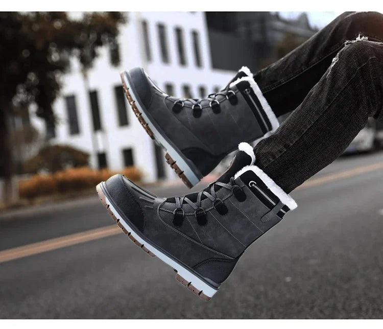 Fashion Men's Winter Boots Warm Fur High-top Snow Boots Men Waterproof Leather Platform Boots Outdoor Non-slip Men Winter Shoes