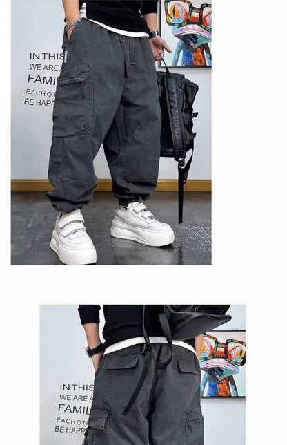 American Vintage Cargo Joggers Mens Washed Distressed Multi Pocket Pants Oversized Loose Fit Streetwear Hip Hop Plus Size Trendy