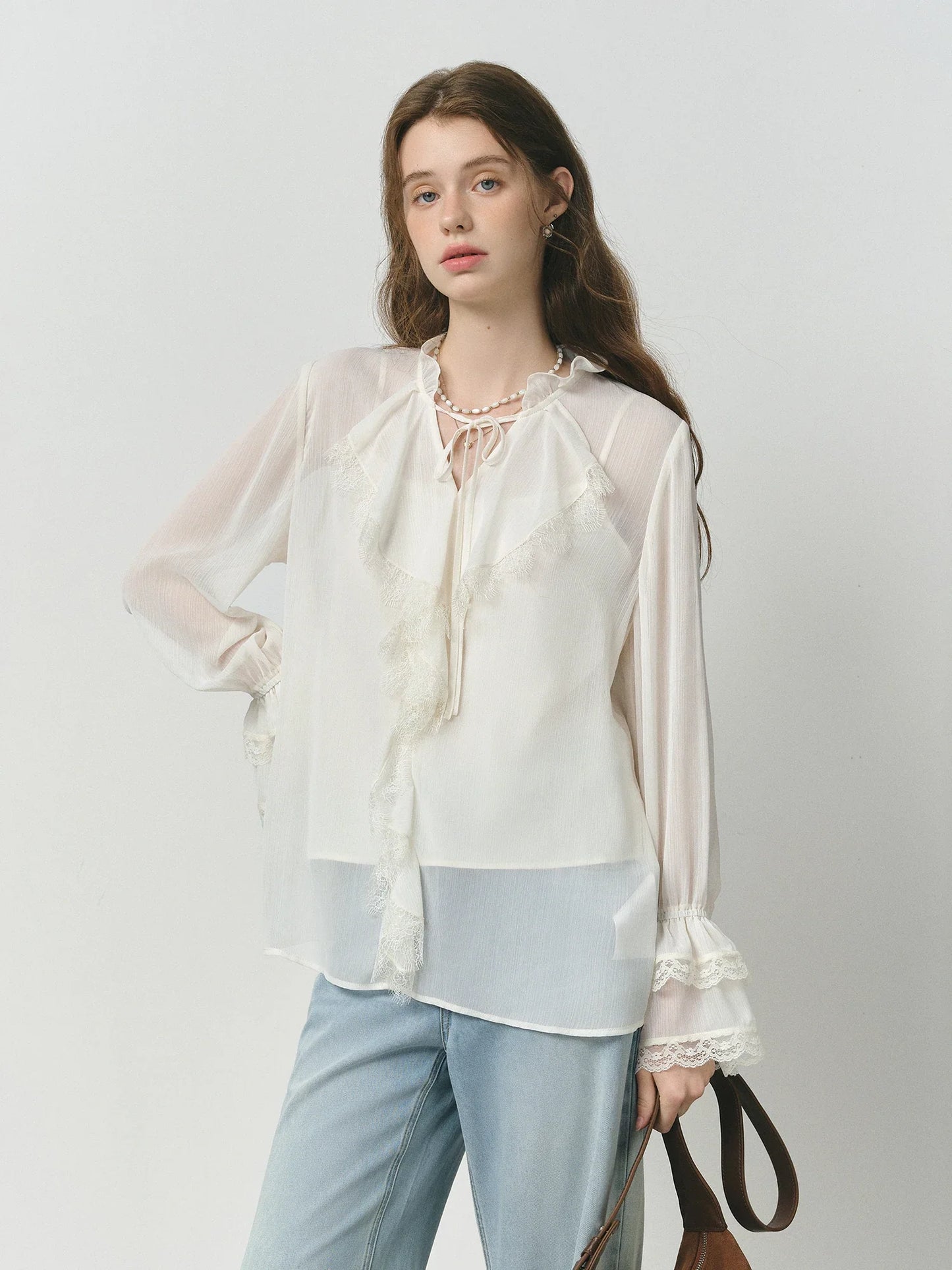 Autumn 2025 French-Inspired Blouse - Flounce Trim Long Sleeve Lace-Detailed Elegant Office Ready Romantic Top Women