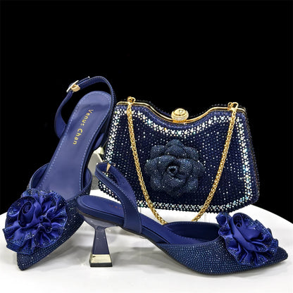Elegant Shiny Dark blue Handbag and Medium Heel Shoes Set with Beautiful Handmade Flowers for Weddings and Parties