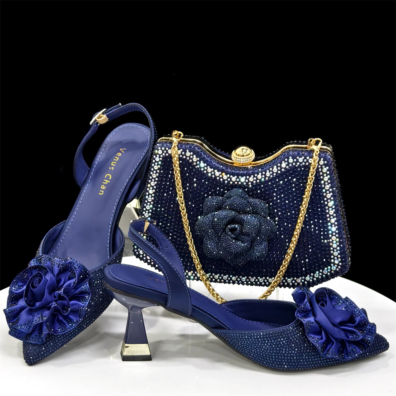 Trendy Brown High Heel Women's Shoes with 3D Rose Rhinestones & Matching Handbag Set - Italian-Inspired Pointed-Toe Design