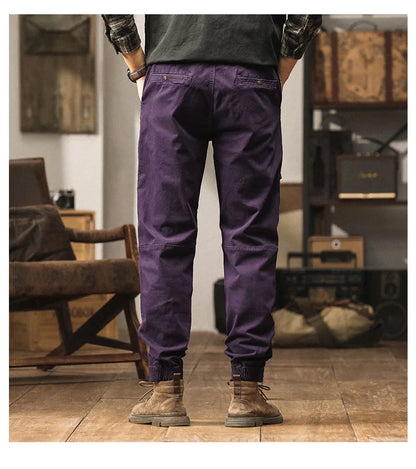 Cotton Men's Cargo Pants Elastic Waist Stretch Trouser Male Multi Pocket Casual Jogger Fit Ankle Length Zipper Purple Drawstring