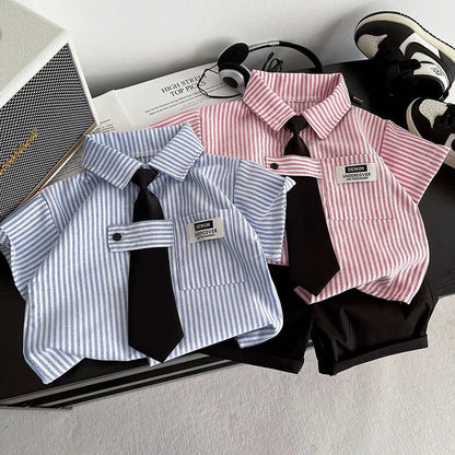 New Toddler Summer Baby Boys/Girls Clothes Suits Children Pinstripe Shirt with Tie Shorts 2Pcs/Set Infant Kids Fashion Outfits