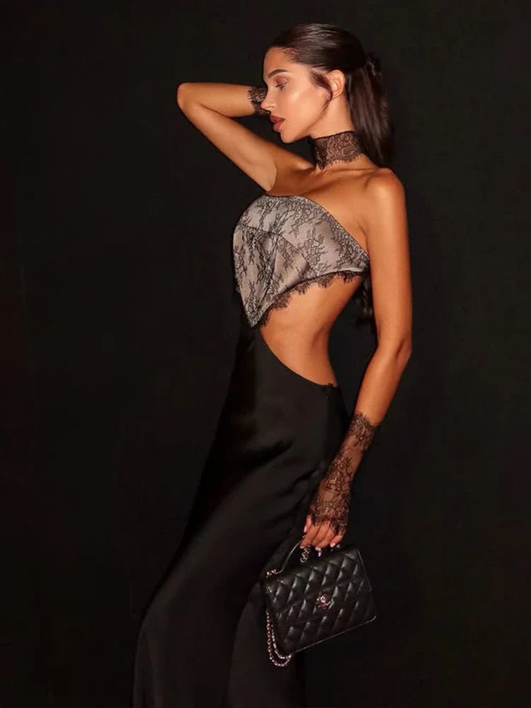 Hollow Out Strapless Lace Patchwork Hip Wrap Sexy Club Women Dresses Sheath Bodycon Fashion Female Outfits Party Slim