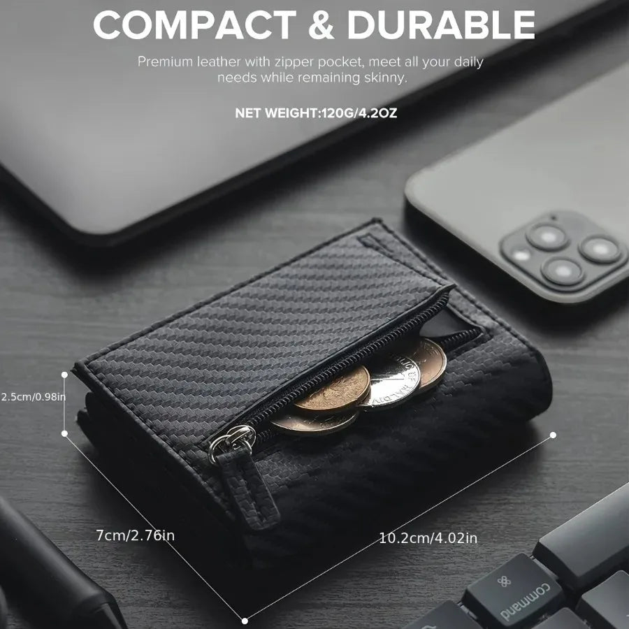 Portefeuille Homme avec Porte-Monnaie Zippé, Porte-Cartes de Crédit Métallique Éjectable Automatique, Portefeuille Minimaliste Anti-RFID pour Cartes de Visite – Idée Cadeau