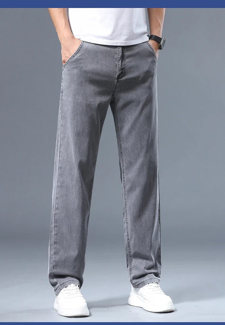 Summer Thin Men's Loose Straight Jeans Lyocell Soft Drape Business Casual Trousers Classic Smoke Gray Brand Ice Silk Pants