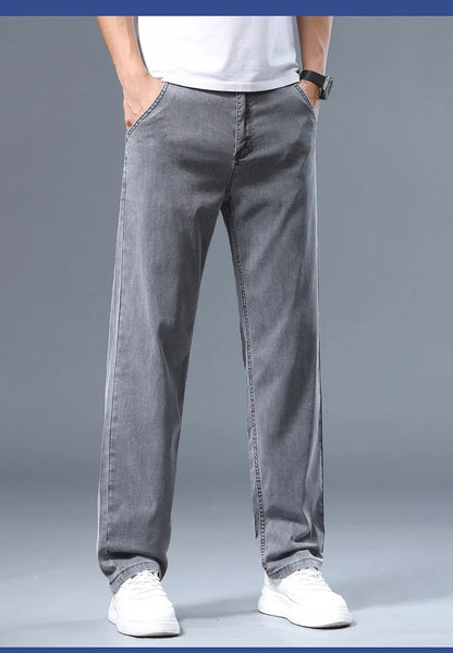 Summer Thin Men's Loose Straight Jeans Lyocell Soft Drape Business Casual Trousers Classic Smoke Gray Brand Ice Silk Pants