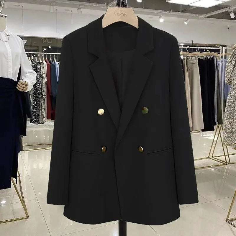 Blazer Woman Autumn Spring Long Sleeve Double Breatsed Lapel Loose Coat Slim Casual Jackets Office Ladies Vintage Blazers