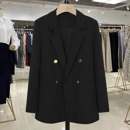Blazer Woman Autumn Spring Long Sleeve Double Breatsed Lapel Loose Coat Slim Casual Jackets Office Ladies Vintage Blazers