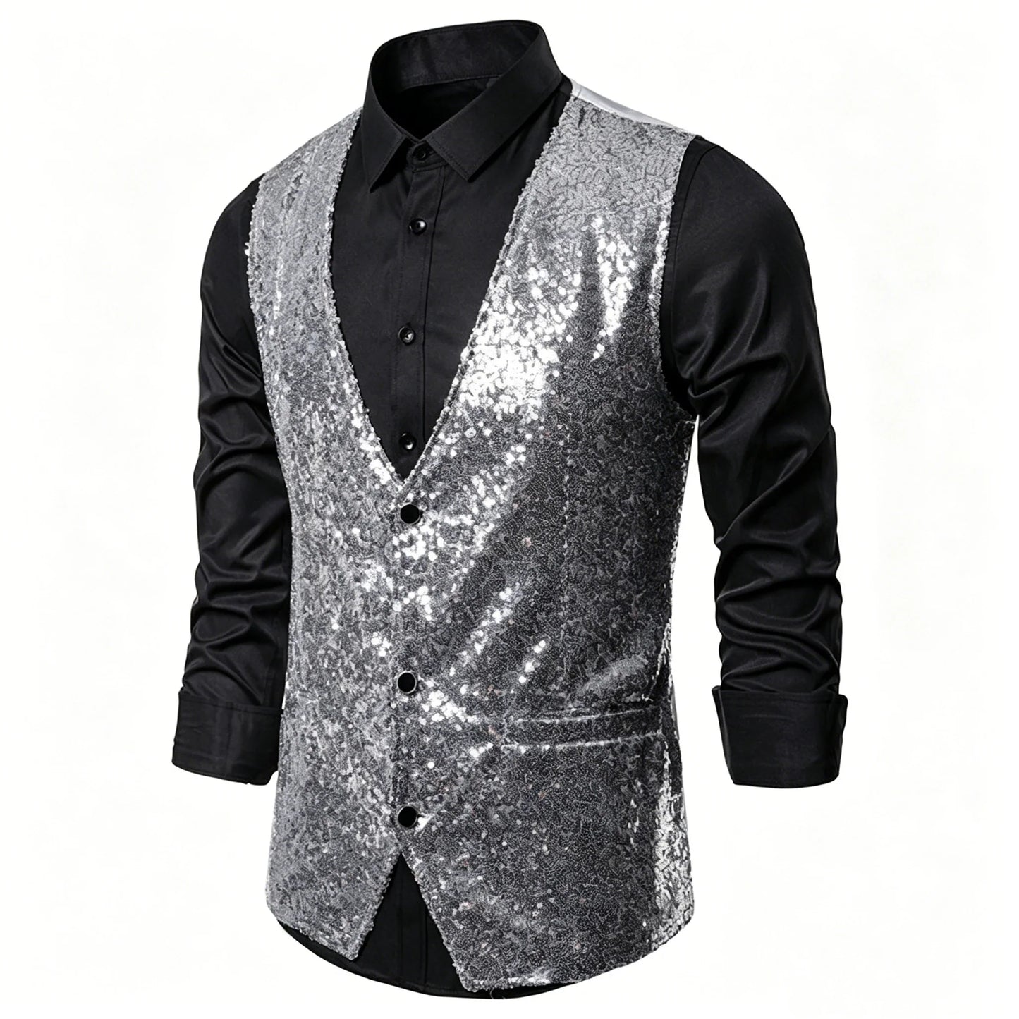 Shiny Sequin Men's V Neck Vest Single Breasted Suit Gilet Waistcoat for Wedding Prom Party Club Nightclub DJ Stage Performance