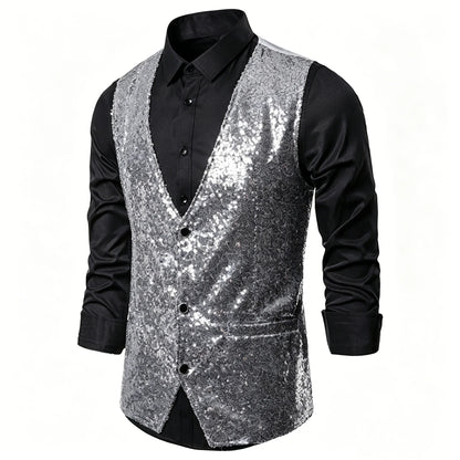 Shiny Sequin Men's V Neck Vest Single Breasted Suit Gilet Waistcoat for Wedding Prom Party Club Nightclub DJ Stage Performance