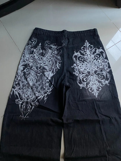 vintage style printing black baggy jeans harajuku trend men women hip hop fashion casual Joker couple Wide-leg pants streetwear