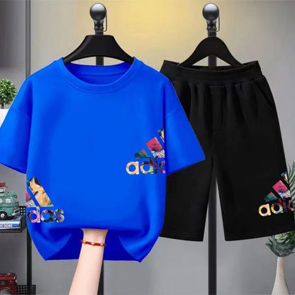 Summer Boys Girls Tee+Shorts Suit Children Short Sleeve T-Shirts Child Loose Casual Pink Black Fashion White Stamp Clothes