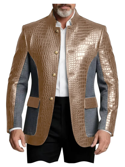 Men's Crocodile Embossed Leather Brown Jacket Patchwork Denim Stand Collar Slim Fit Luxury PU Blazer For Business Casual Party